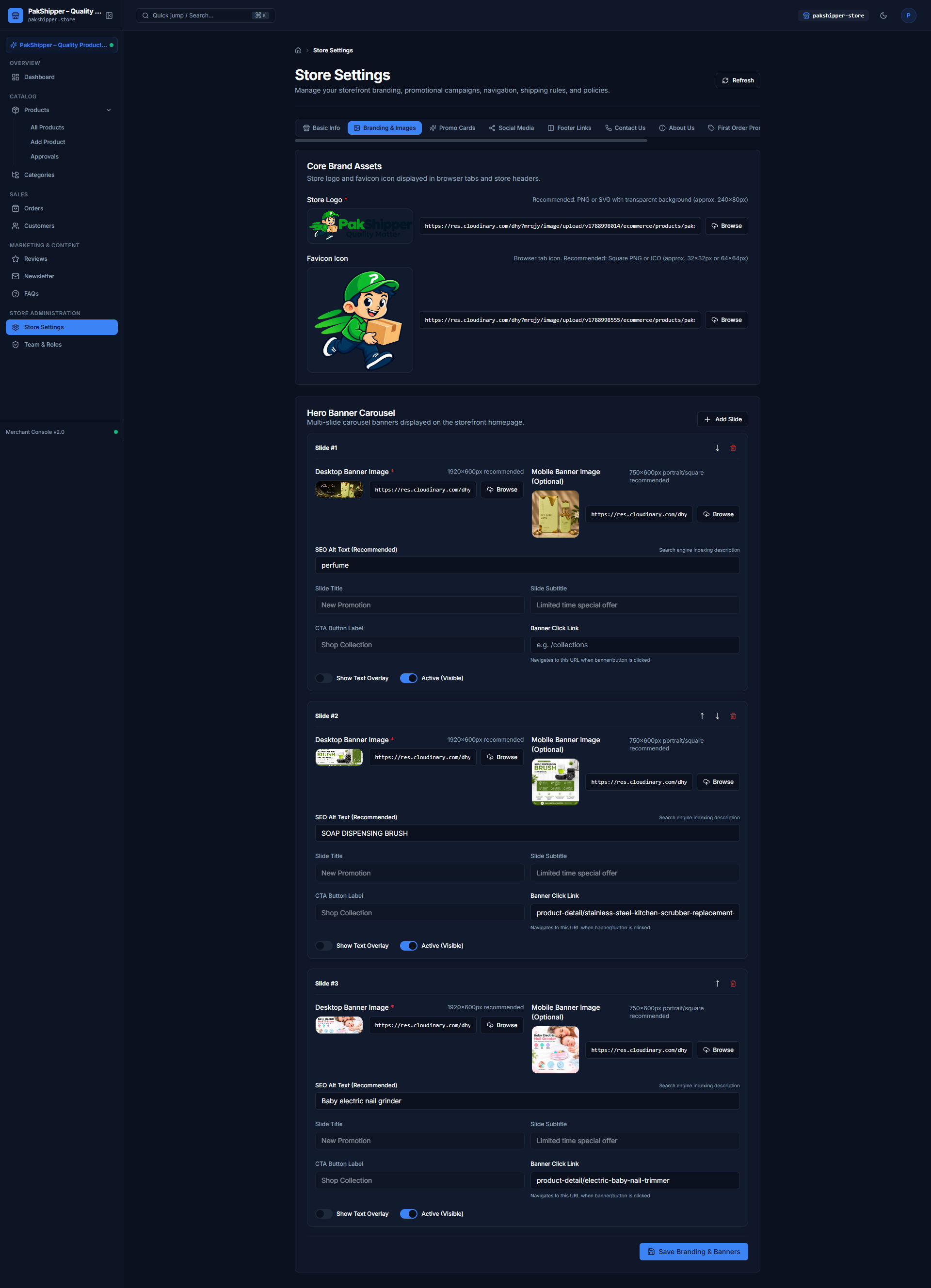 PakShipper Store Settings - Branding and Hero Banner Carousel